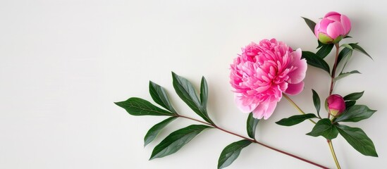 Aufkleber - Pink peony with green leaves against a white backdrop emphasizing the copy space image.