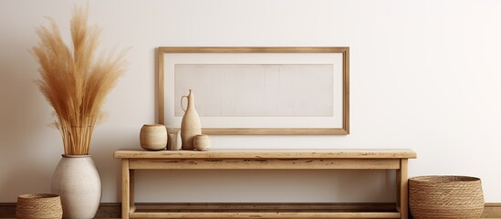 Leinwandbilder - Artistic wooden frame mockup ideal for showcasing artwork, photos, prints, or paintings with elegant boho living room decor, including black and beige vases holding dry grass on a wooden bench table