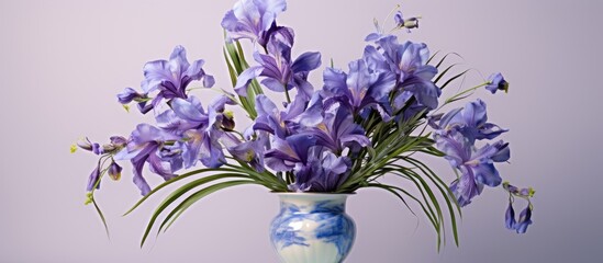 Poster - Festive greeting card displaying copy space image for various occasions featuring a vase with violet irises xiphium.