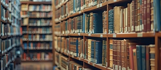 Poster - Books neatly stacked in a library setting with ample copy space image available for use.