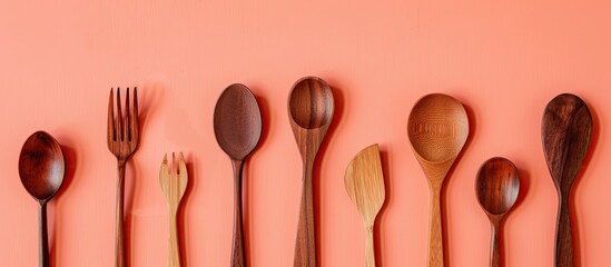 Aufkleber - Wooden cutlery set on a peach backdrop with ample copy space image.