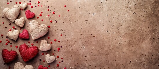 Wall Mural - Top view of handmade hearts on a brown background in a Valentine's Day greeting card with ample copy space image.