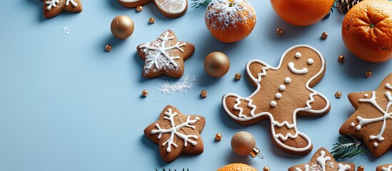 Aufkleber - A festive holiday card featuring Christmas gingerbread cookies, tangerines, on a light blue background with copy space image.