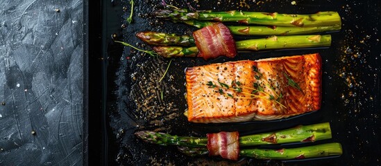 Poster - Salmon baked in the oven served with bacon-wrapped asparagus on a black background in an overhead shot. Includes copy space image.