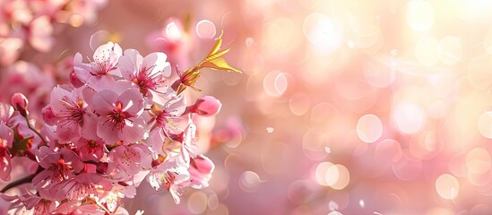 Poster - Springtime pink cherry blossom flowers blooming with a natural sunny blurred garden as a background for a copy space image.
