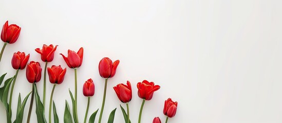 Poster - Top-down view of lovely red tulips set against a white backdrop, ideal for showcasing text. Displayed flat with room for additional content.