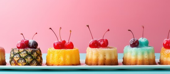 Poster - Colorful background enhances the appeal of Pineapple Upside Down Cake shots with copy space image.