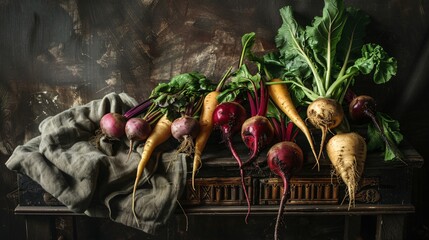 Wall Mural - A beautiful still life of root vegetables, including beets, parsnips, and turnips, displayed on a dark wooden table with a textured cloth backdrop