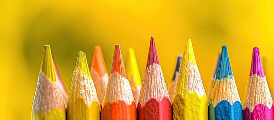 Poster - Close-up view of colored pencils with focus on the stylus against a blurred yellow background, providing copy space image.