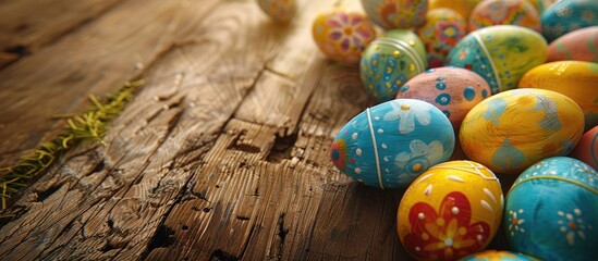 Poster - Holiday background with Easter eggs displayed on a wooden table, providing a perfect copy space image.