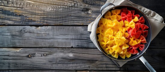 Poster - Three colors of macaroni farfalle resting in a saucepan, on a napkin, and a wooden background, creating an appealing culinary composition with copy space image.