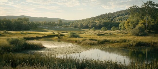 Poster - A serene landscape depicting a riverbank surrounded by rolling hills, dense forests, under a clear sky, with an unobstructed space for additional imagery.