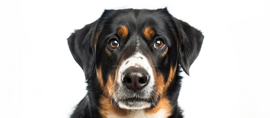 Poster - Portrait of an Entlebucher Sennenhund with white backdrop, includes copy space image.