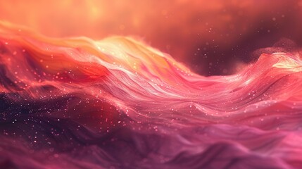   A stunning painting captures the essence of an oceanic wave in shades of pink and yellow, set against a fiery red and yellow sky