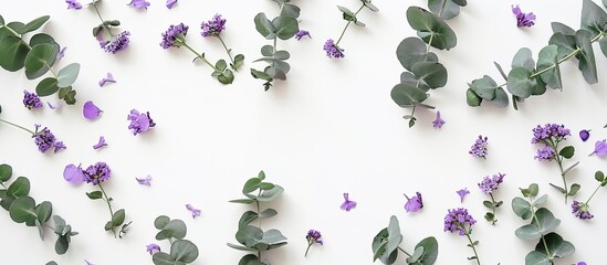 Aufkleber - Purple flowers and eucalyptus leaves on a white background create a floral arrangement in a flat lay style with a top view showcasing a copy space image.