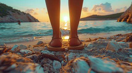 Wall Mural - A woman's feet are on a beach with the sun setting in the background