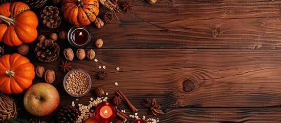 Poster - Rustic wood background with a variety of Thanksgiving decorations like pumpkins, nuts, oats, pine cones, apples, and candles, creating a warm atmosphere for your copy space image.