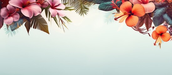 Poster - Exotic backdrop with palm fronds and blossoms in a copy space image.