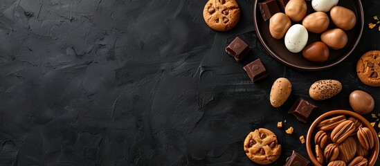Aufkleber - Popular Easter treats like chocolate eggs and bunny cookies placed on a black background in a top view layout with space for adding text or images.