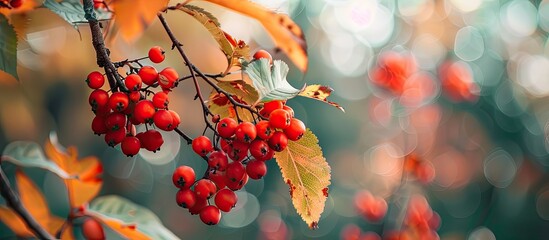 Aufkleber - Close-up of red rowan berries and leaves on a branch in autumn, with sour yet vitamin C-rich berries, against a blurred background with selective focus and ample copy space image.