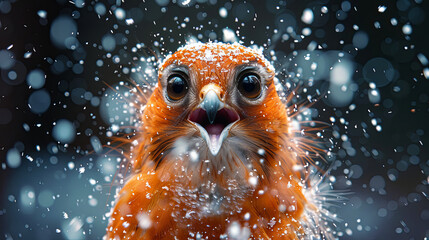 Wall Mural - A bird with its beak open and snow falling on it