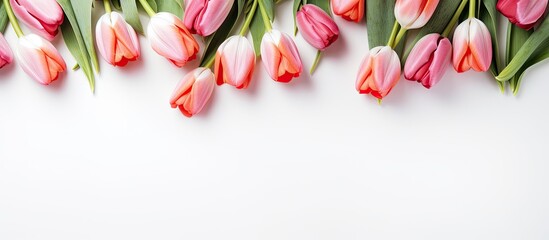 Aufkleber - Top view of tulip flowers creating a border frame on a white background with a copy space image.