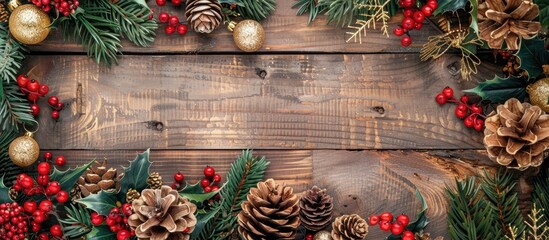 Leinwandbilder - An overhead shot of a festive Christmas floral arrangement featuring golden pinecones, evergreens, light chain, red berries on a wooden rustic backdrop. Background with room for text or an image.