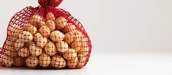 Aufkleber - Macadamia nuts are presented in a red mesh bag set against a white backdrop with copy space image.