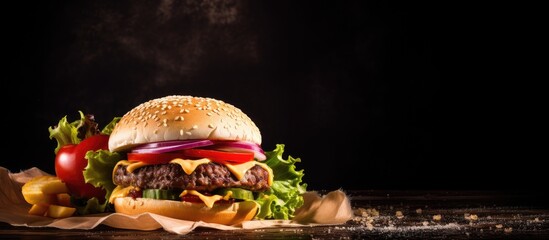 Sticker - Delicious sandwich or hamburger with meat, pork ham, cheese, and fresh veggies on a brown paper background in a copy space image. Fast food favorite for brunch or lunch.