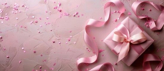 Aufkleber - Image of a pink ribbon conveying love, with a present, against a backdrop that allows for space to add additional elements (copy space image).