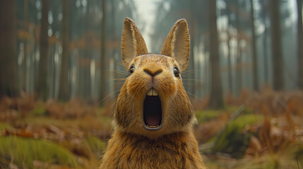 A rabbit is shown with its mouth wide open, looking at the camera