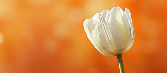Aufkleber - White tulip in a spring-themed image with an orange backdrop and space for text. Floral design for greeting cards with a minimalistic and geometric style.