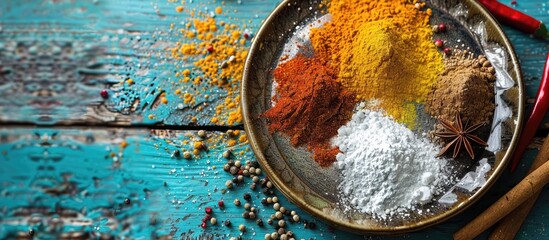 Poster - Colorful wooden table background showcasing spices on a plate with powdered sugar, leaving room for copy space image.