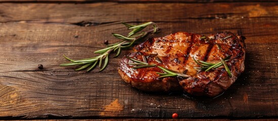 Wall Mural - A grilled pork neck steak with rosemary on a wooden table with a copy space image.