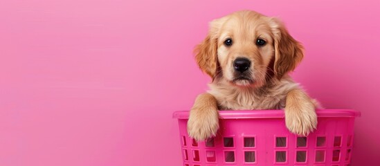 Poster - Golden retriever puppy in a pink basket with paws dangling over the edge, gazing at the camera against a pink backdrop with copy space image.
