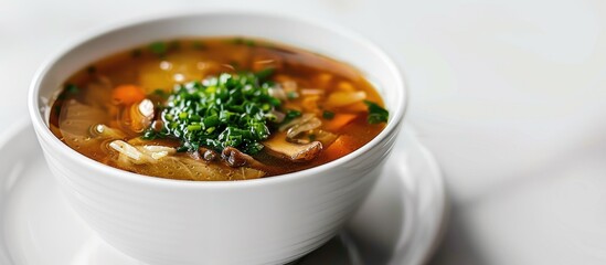 Poster - A white table with a glossy surface displays a bowl of cabbage and shiitake mushroom soup, with ample copy space image.