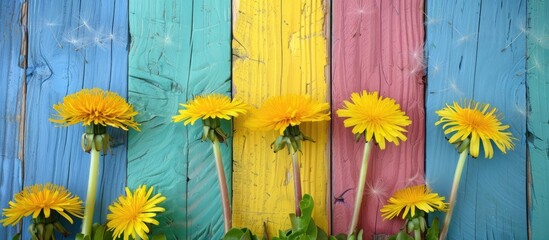 Poster - Dandelions in yellow on colorful wooden backdrop with copy space image.