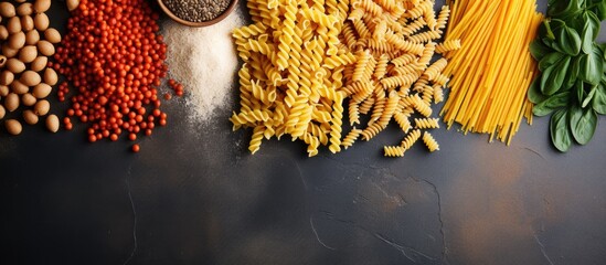 Poster - Various types of uncooked pasta like penne, fusilli, farfalle, and spaghetti arranged on a light concrete surface in a flat lay style with room for additional elements in the image.