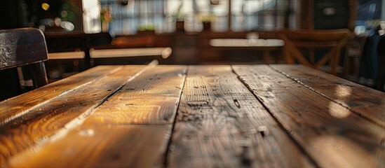 Poster - Brown wooden table with shallow depth of field in a cafe setting, suitable as a copy space image for product displays or photomontages.