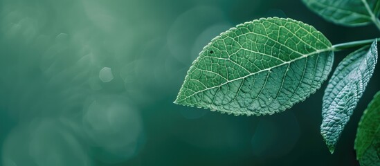 Poster - closeup view of a rich green leaf set against a soft green backdrop, offering ample copy space for a