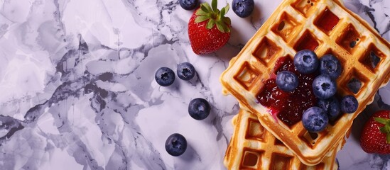 Aufkleber - Fresh blueberry and strawberry jam top traditional Belgian waffles on a violet marble background in a flat lay, seen from above, with room for text or graphics.