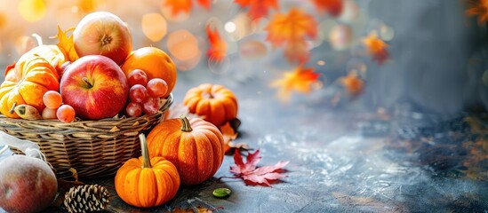 Aufkleber - Seasonal fruit and pumpkins placed in a basket, reflecting an autumn and Thanksgiving theme with copy space image.