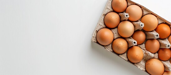 Poster - Top-down view of a box containing fresh chicken eggs on a plain white backdrop, with ample space provided for text in the image.