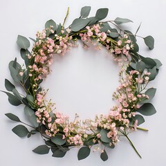 Flowers composition round frame made of pink gypsophila flowers and eucalyptus branches on white background flat lay top view