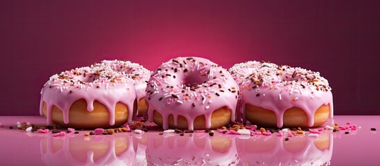 Poster - A vibrant pink background complements iced doughnuts with sprinkles, creating a visually appealing scene in the copy space image.