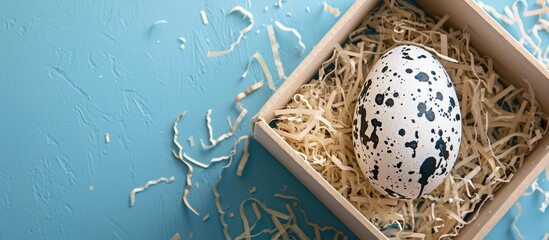 Poster - Easter egg painted abstractly in black and white, nestled in a box with wooden shavings on a blue backdrop. Top-down view with space for text or image.