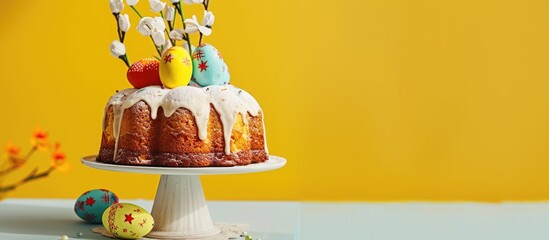 Aufkleber - Traditional Easter cake with painted eggs displayed on a platter on a white table, showcased against a yellow background, creating a festive copy space image.