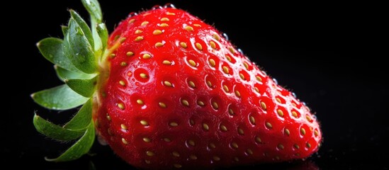 Poster - Close-up of a strawberry on a black background with copy space image.