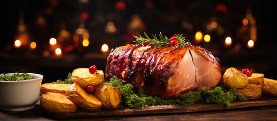 Poster - Delicious Christmas dinner featuring Muscovado sugar baked gammon with roasted new potatoes and herbs, displayed in a festive setting with copy space image.