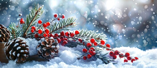 Leinwandbilder - Snowy Christmas box with rowan berries and pine cones, perfect for a festive copy space image.